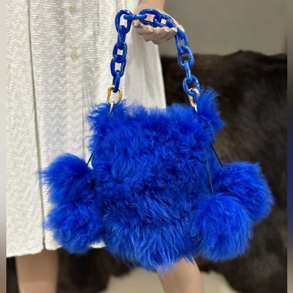 One of a kind! Unique Handmade Blue Real Curly Shearling Drawstring Bucket Bag